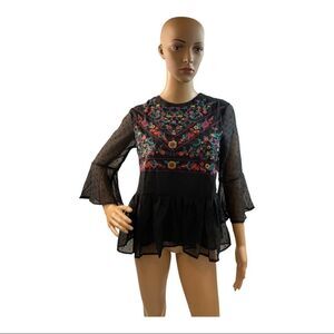 Miami Women’s  Black peplum embroidered sheer top Blouse Size S.